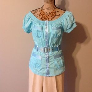 Off-the-shoulder Bebe belted blouse